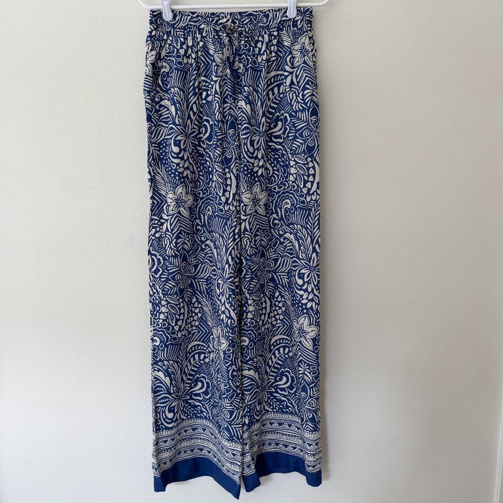La Fée Maraboutée White & Blue Floral Print Wide Leg Palazzo Pants